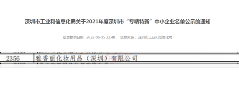 草莓视频污版下载化妆用品（深圳）有限公司荣获2021年度深圳“专精特新”企业